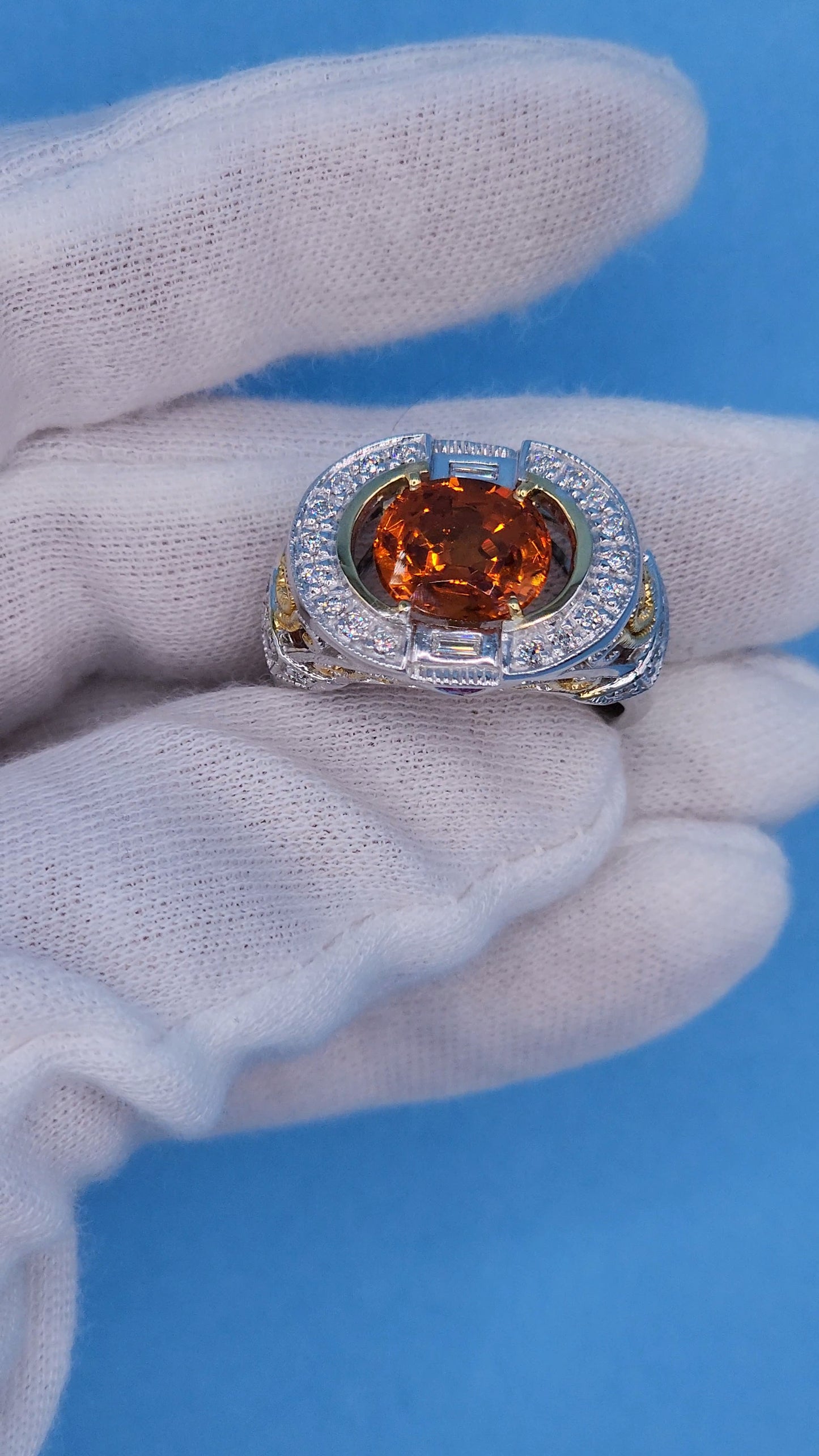 Spessartine Orange Garnet Diamond and Pink Topaz Ring in 14k Yellow and White Gold