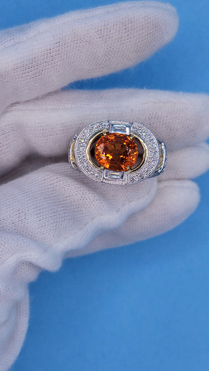 Spessartine Orange Garnet Diamond and Pink Topaz Ring in 14k Yellow and White Gold