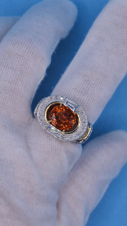 Spessartine Orange Garnet Diamond and Pink Topaz Ring in 14k Yellow and White Gold