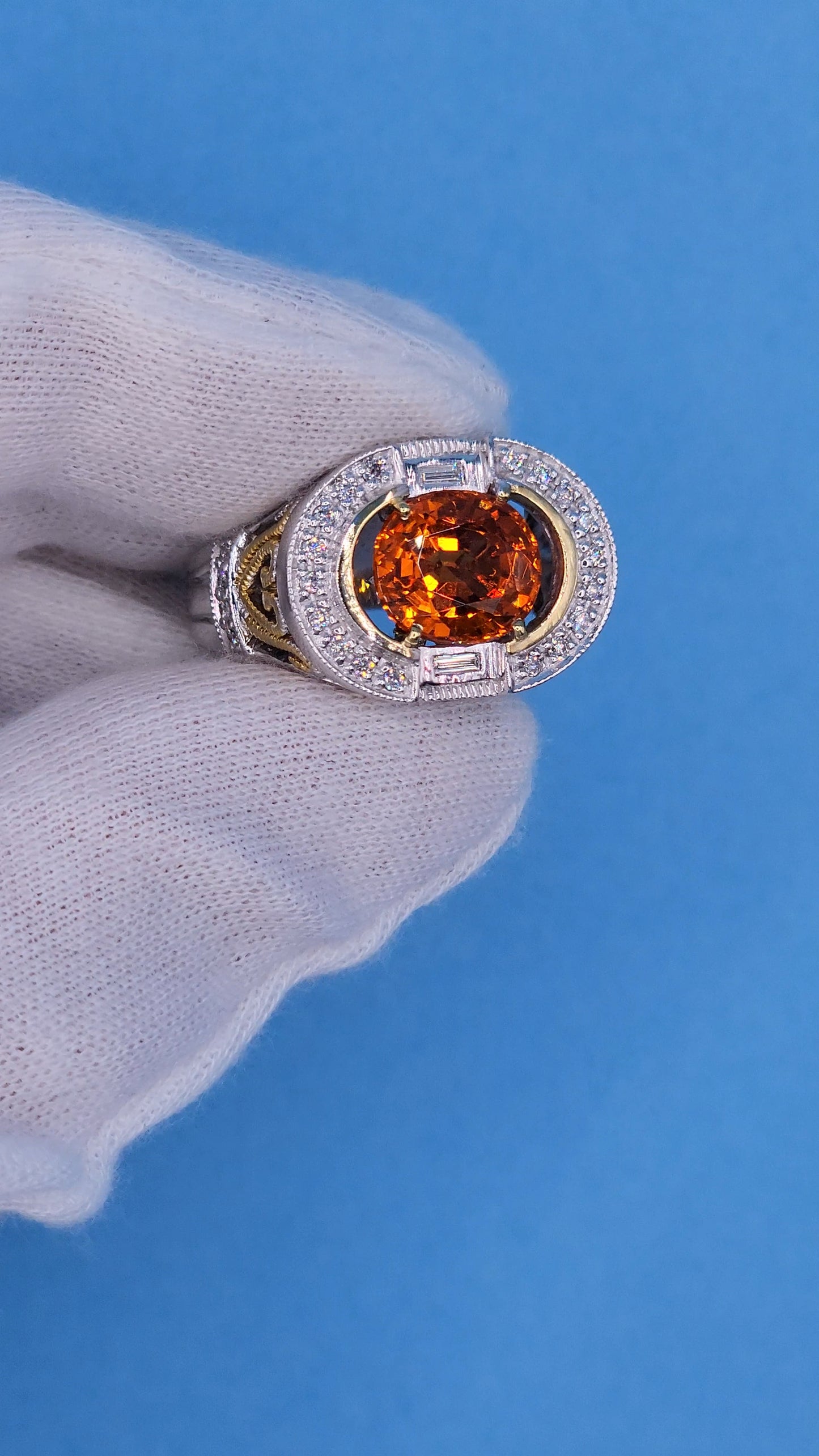 Spessartine Orange Garnet Diamond and Pink Topaz Ring in 14k Yellow and White Gold