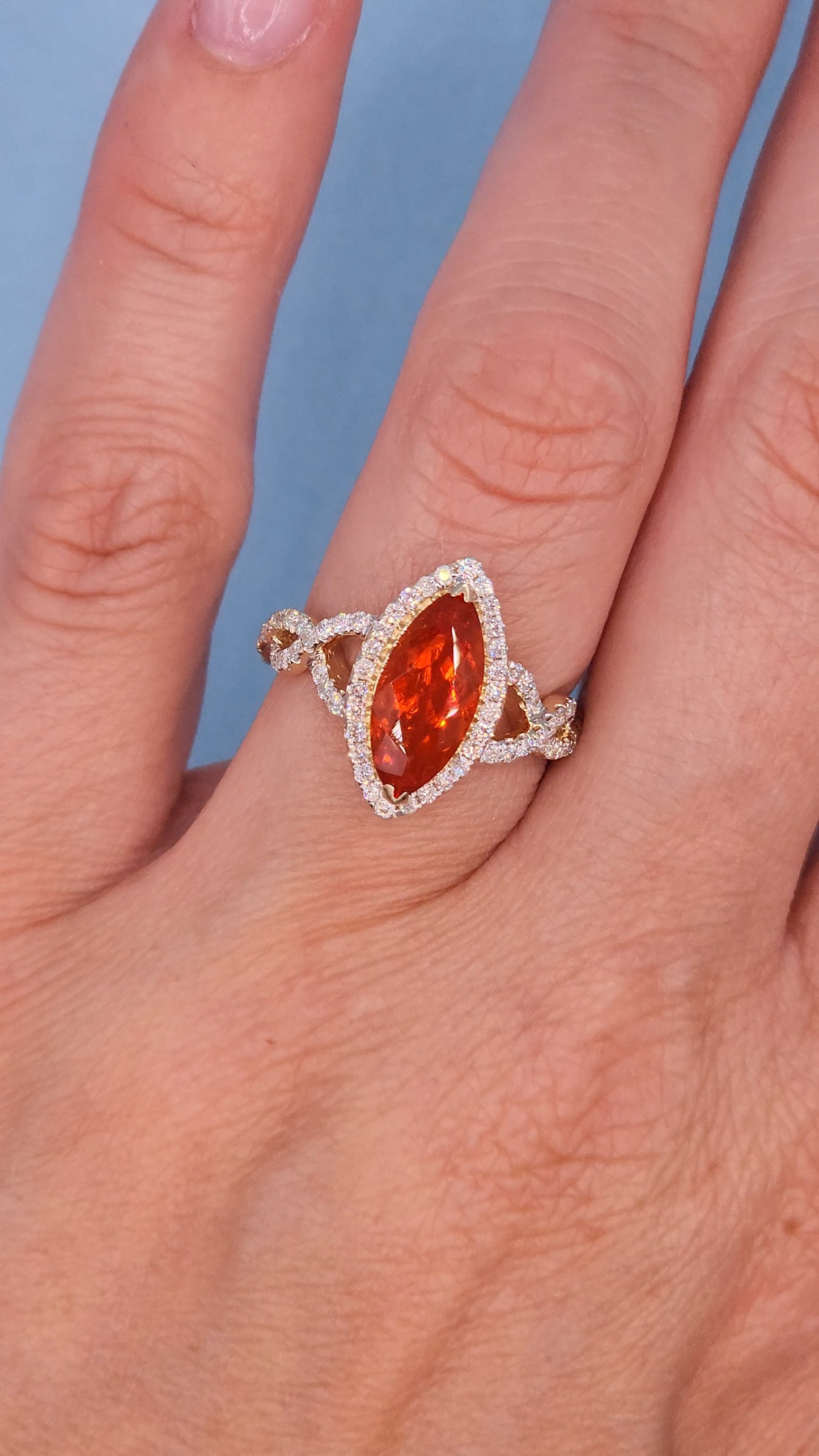 1.33 ct Marquise Fire Opal Ring with Diamond Halo in 14k Yellow Gold