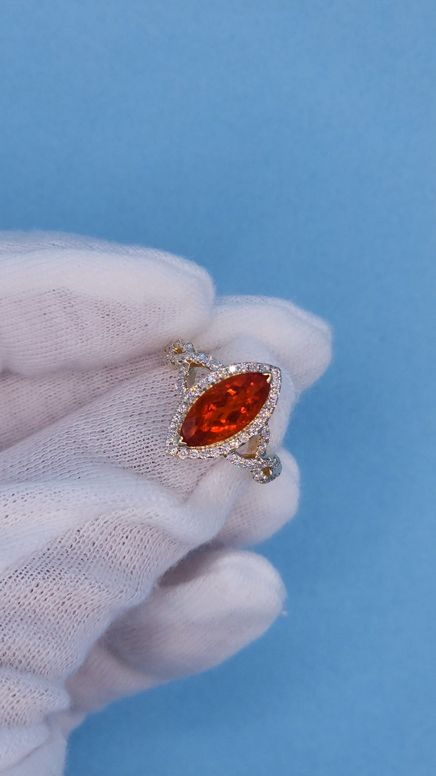 1.33 ct Marquise Fire Opal Ring with Diamond Halo in 14k Yellow Gold