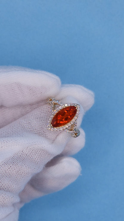 1.33 ct Marquise Fire Opal Ring with Diamond Halo in 14k Yellow Gold