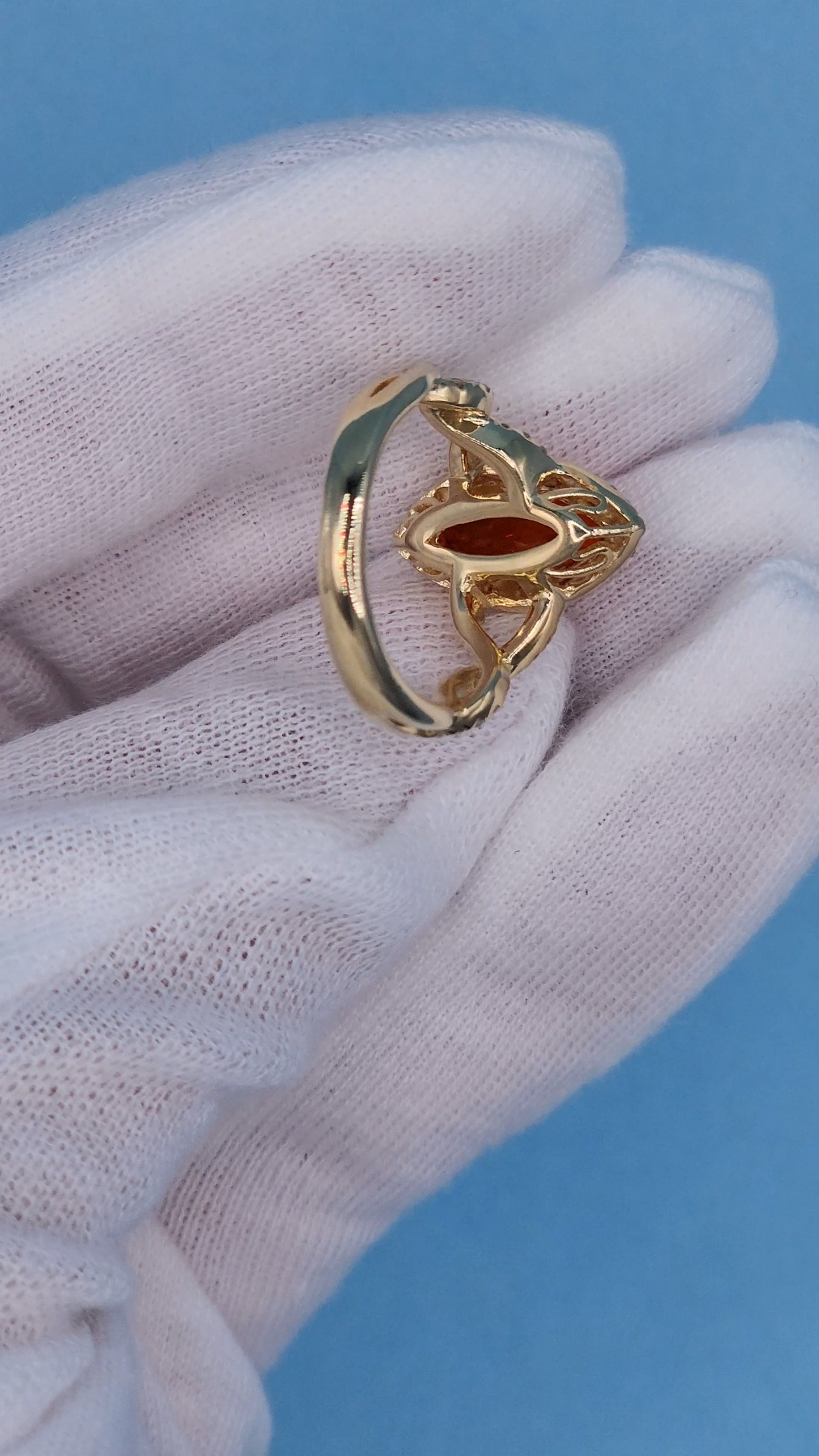 1.33 ct Marquise Fire Opal Ring with Diamond Halo in 14k Yellow Gold