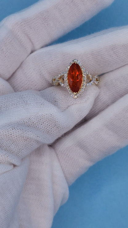 1.33 ct Marquise Fire Opal Ring with Diamond Halo in 14k Yellow Gold