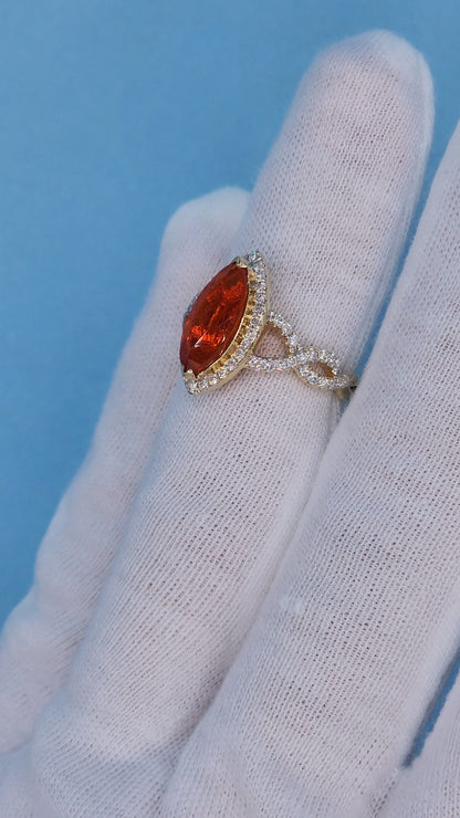 1.33 ct Marquise Fire Opal Ring with Diamond Halo in 14k Yellow Gold