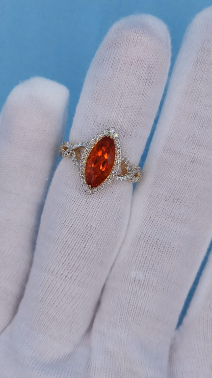 1.33 ct Marquise Fire Opal Ring with Diamond Halo in 14k Yellow Gold