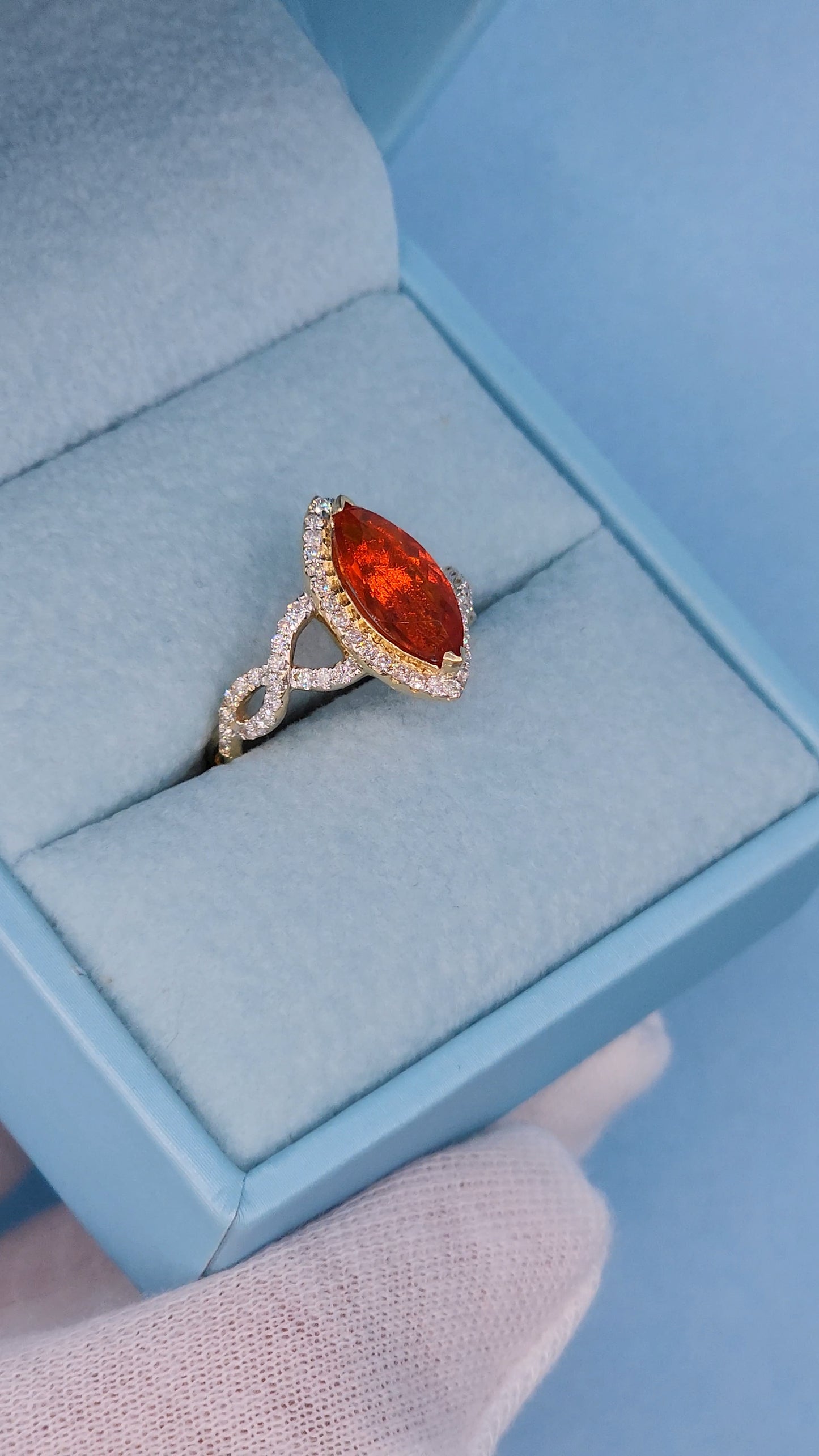 1.33 ct Marquise Fire Opal Ring with Diamond Halo in 14k Yellow Gold