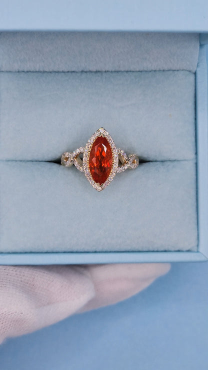 1.33 ct Marquise Fire Opal Ring with Diamond Halo in 14k Yellow Gold