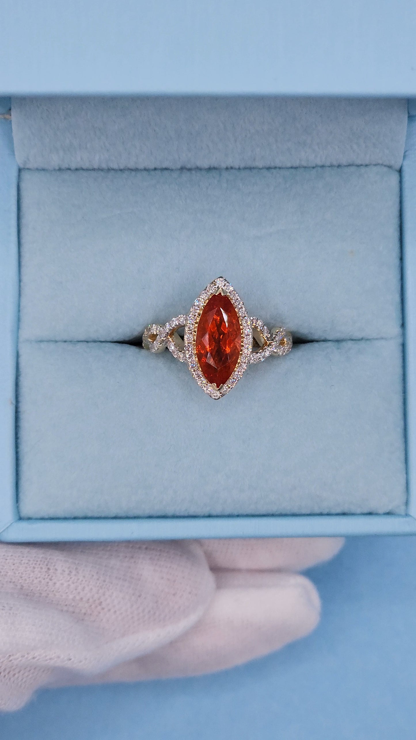 1.33 ct Marquise Fire Opal Ring with Diamond Halo in 14k Yellow Gold