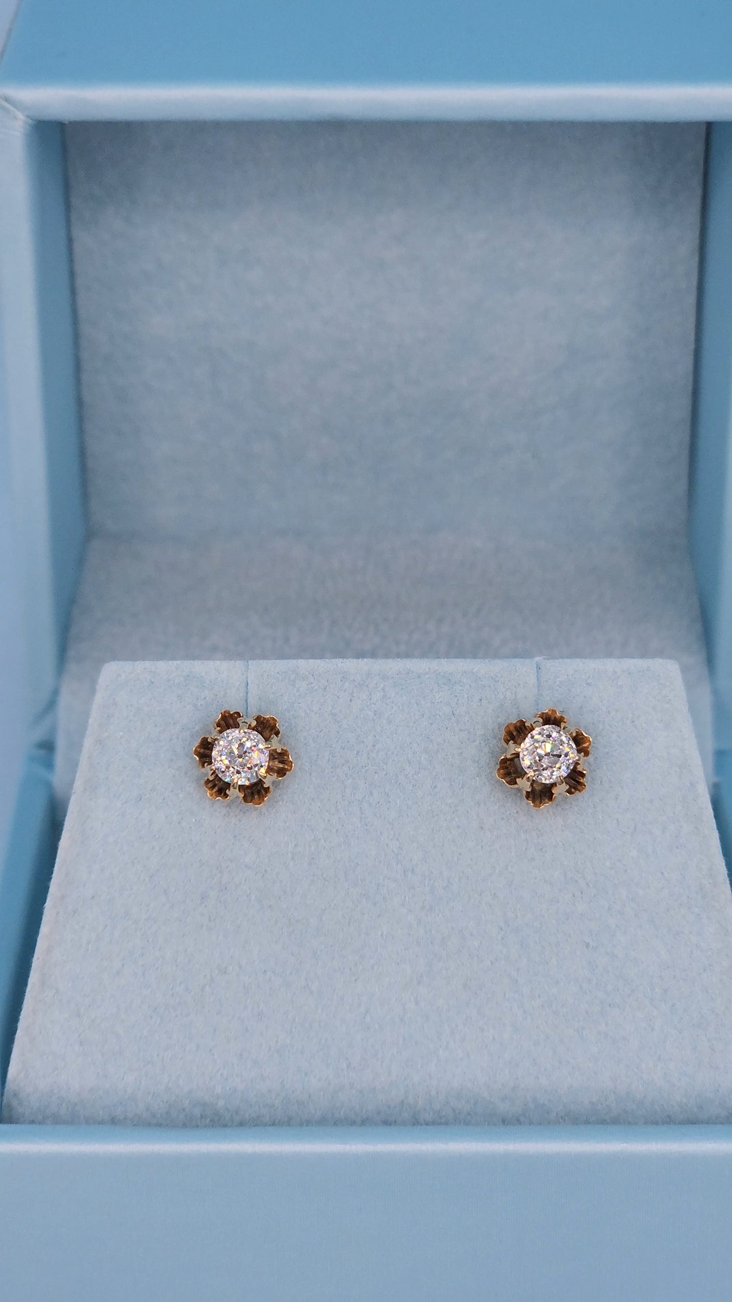 Vintage Flower Motif Stud Earrings with Old Mine Diamonds in 14k Rose Gold