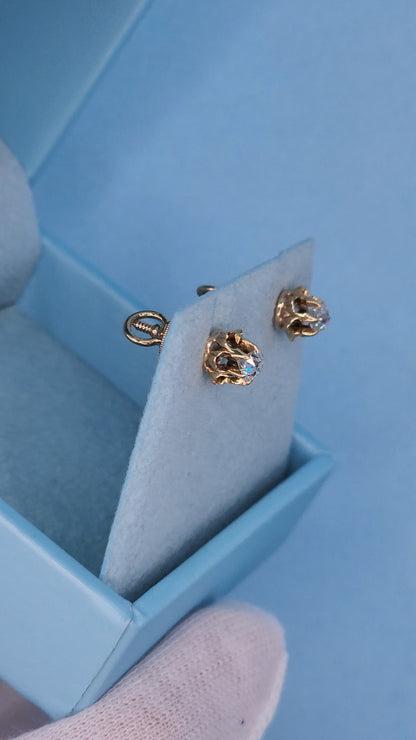 Vintage Flower Motif Stud Earrings with Old Mine Diamonds in 14k Rose Gold