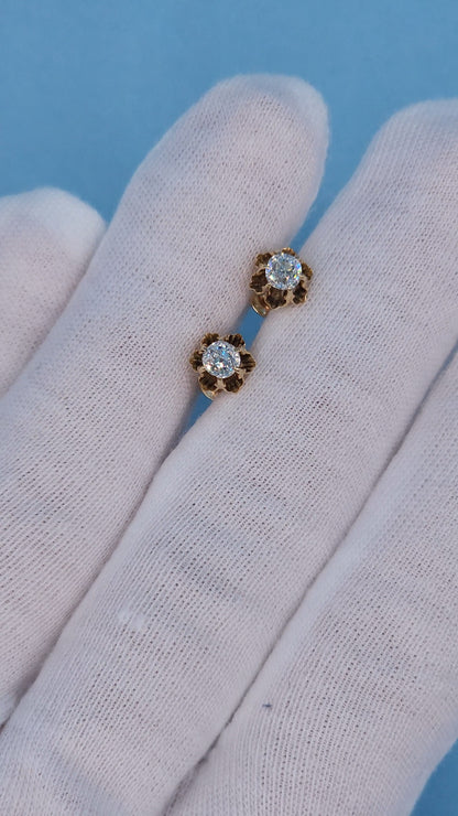 Vintage Flower Motif Stud Earrings with Old Mine Diamonds in 14k Rose Gold