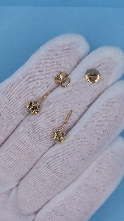 Vintage Flower Motif Stud Earrings with Old Mine Diamonds in 14k Rose Gold