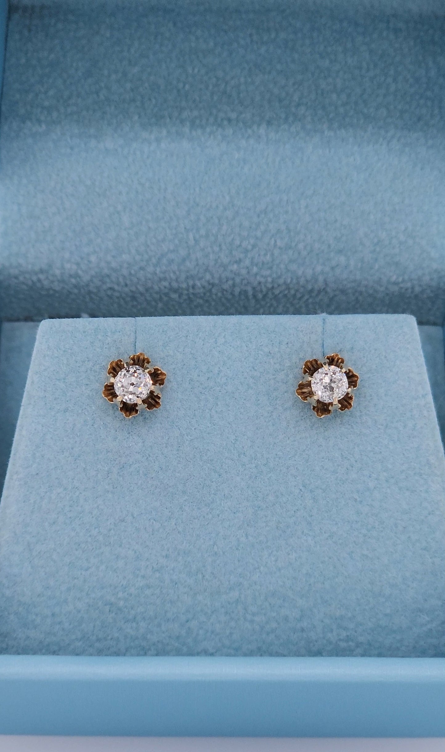 Vintage Flower Motif Stud Earrings with Old Mine Diamonds in 14k Rose Gold