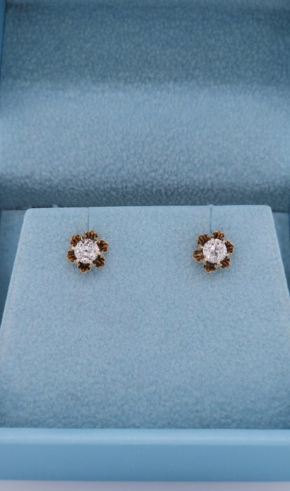 Vintage Flower Motif Stud Earrings with Old Mine Diamonds in 14k Rose Gold