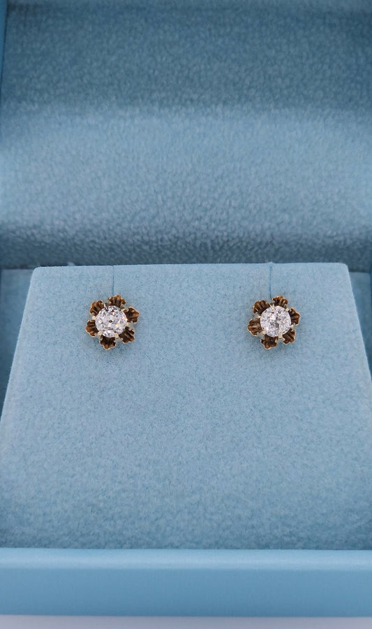 Vintage Flower Motif Stud Earrings with Old Mine Diamonds in 14k Rose Gold