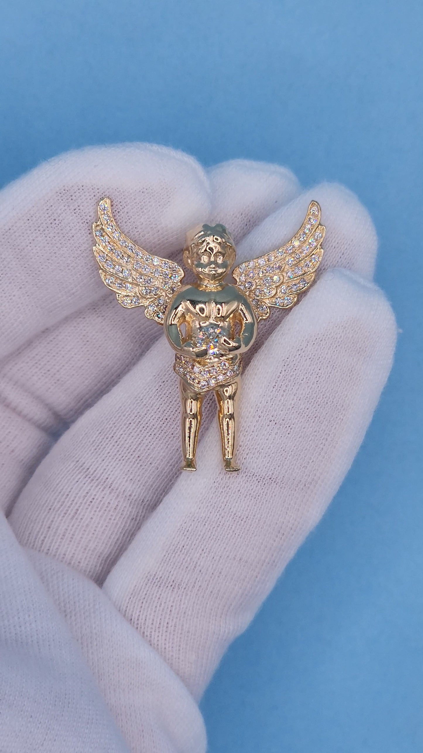 1 3/8" Guardian Baby Angel Diamond Pendant in Solid 10k Yellow Gold