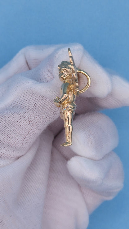 1 3/8" Guardian Baby Angel Diamond Pendant in Solid 10k Yellow Gold