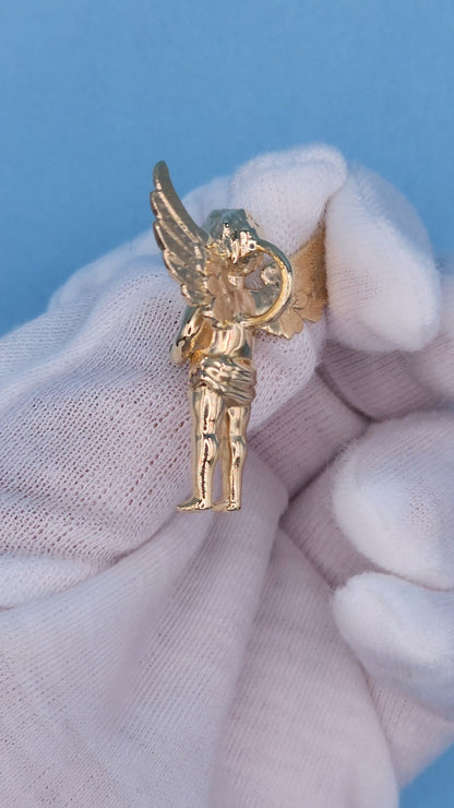 1 3/8" Guardian Baby Angel Diamond Pendant in Solid 10k Yellow Gold