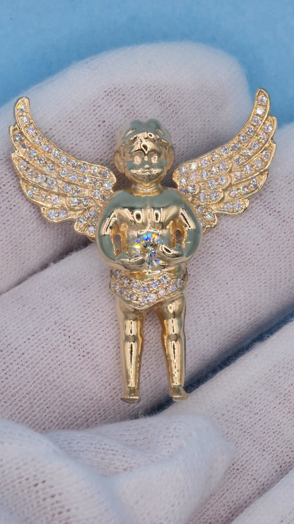 1 3/8" Guardian Baby Angel Diamond Pendant in Solid 10k Yellow Gold