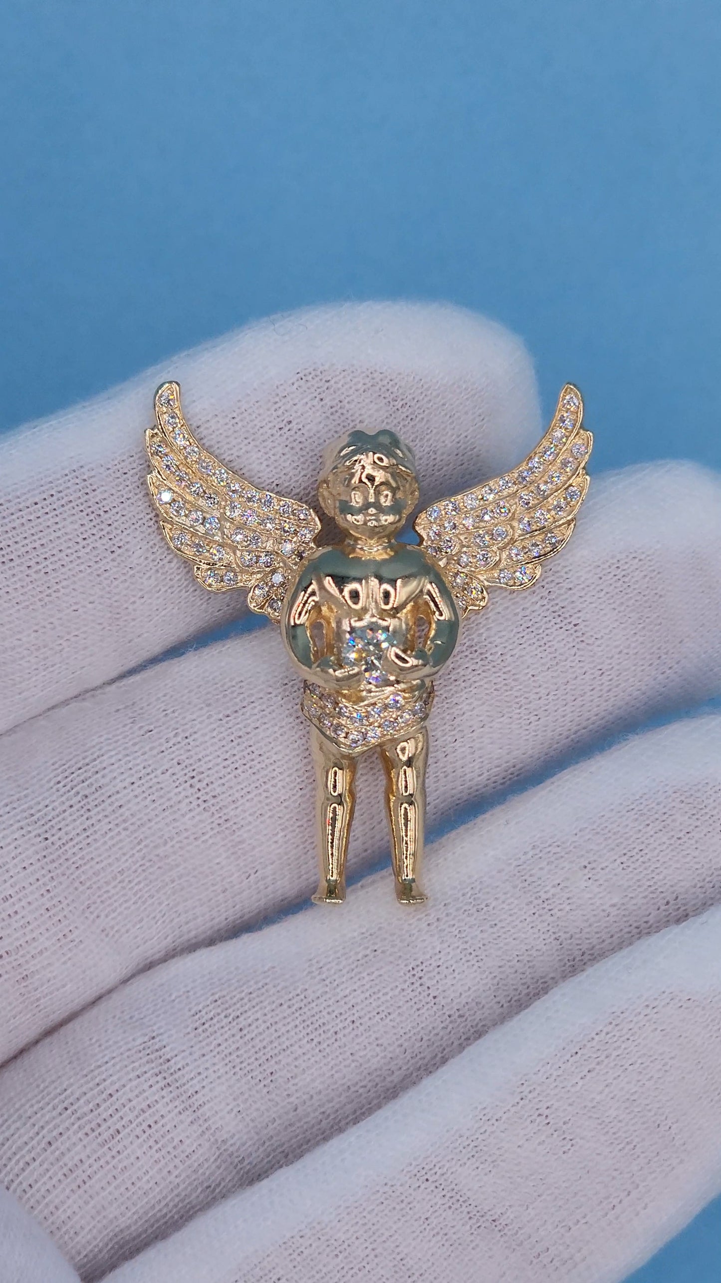 1 3/8" Guardian Baby Angel Diamond Pendant in Solid 10k Yellow Gold