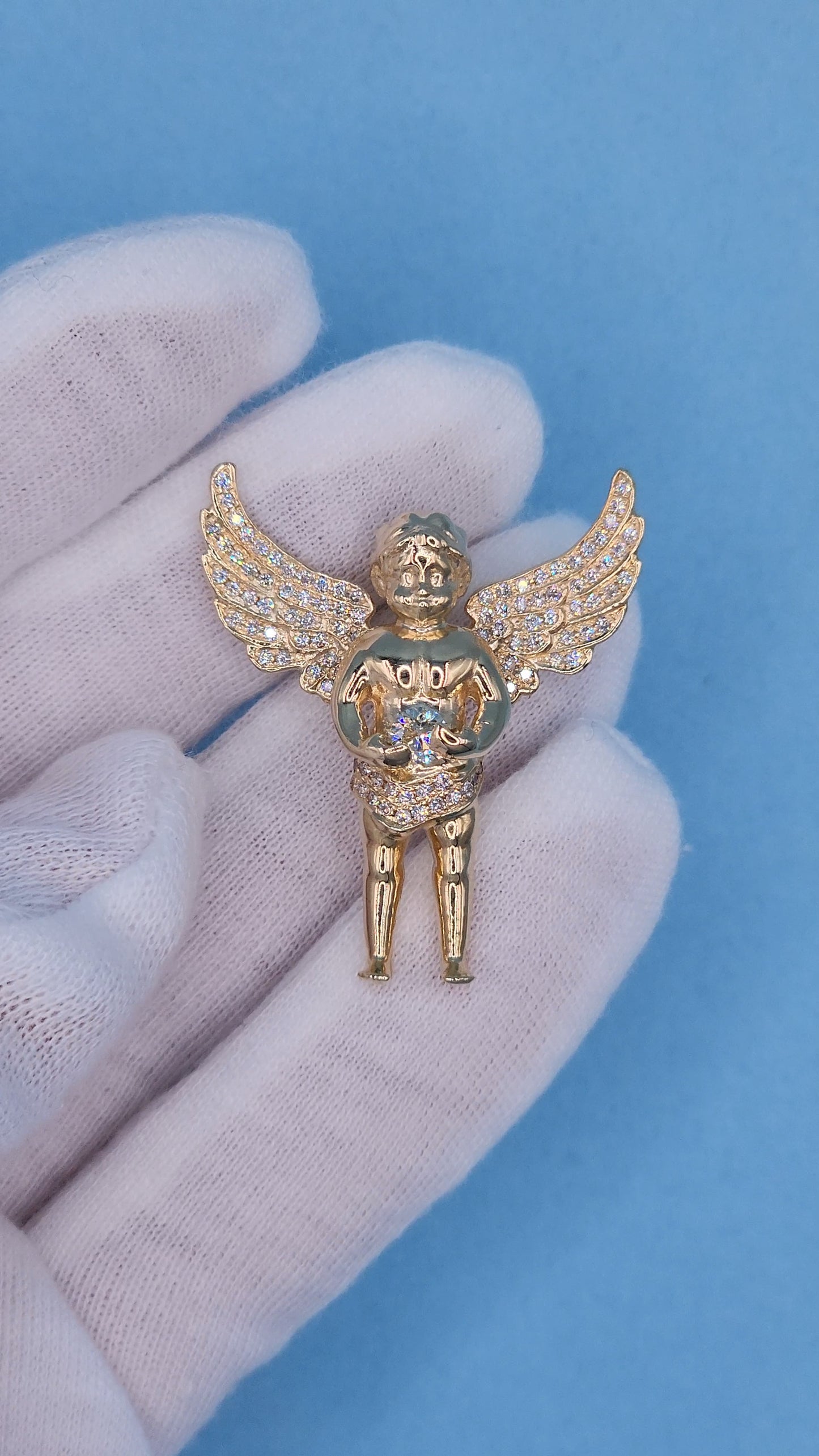 1 3/8" Guardian Baby Angel Diamond Pendant in Solid 10k Yellow Gold