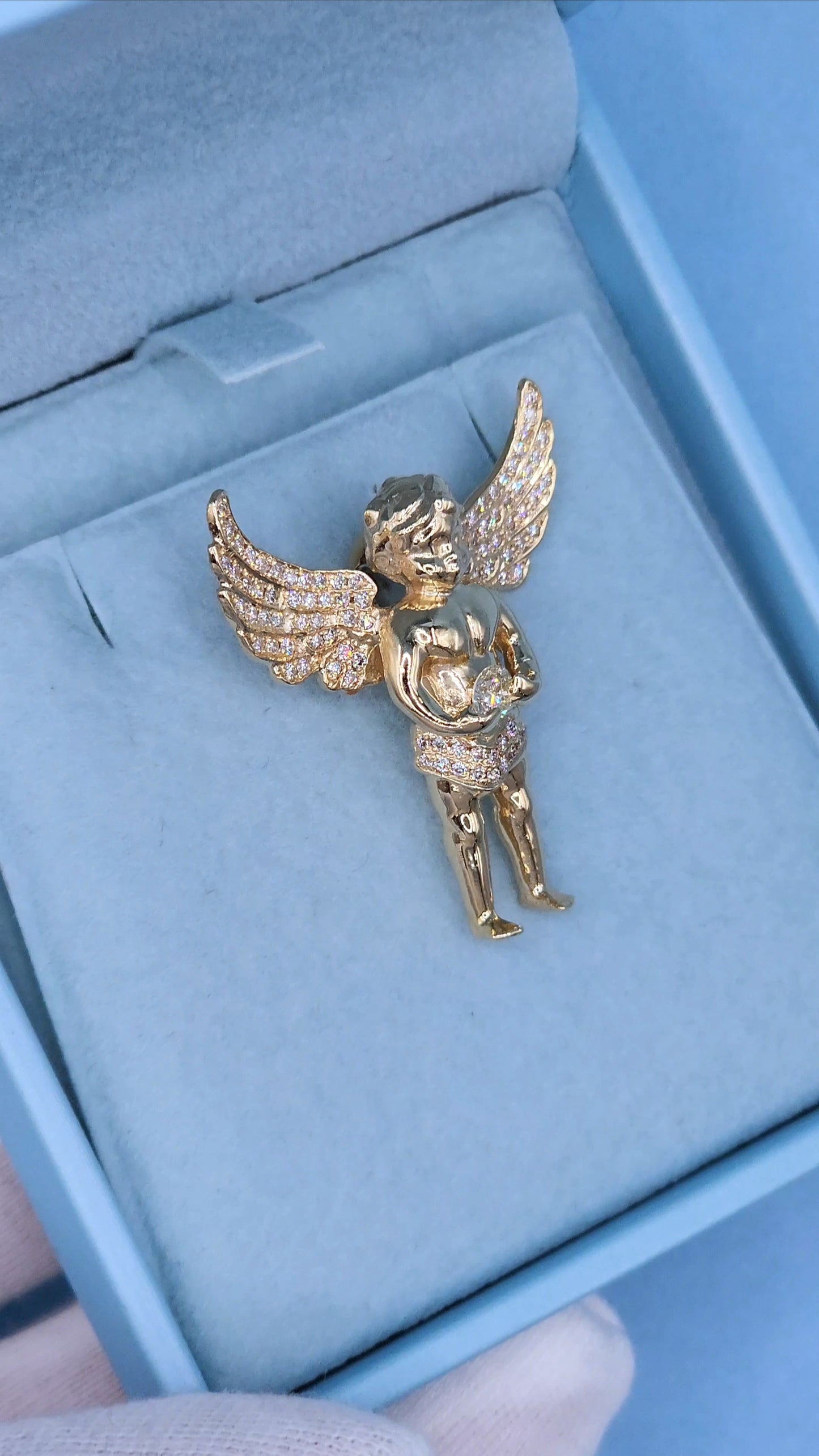 1 3/8" Guardian Baby Angel Diamond Pendant in Solid 10k Yellow Gold