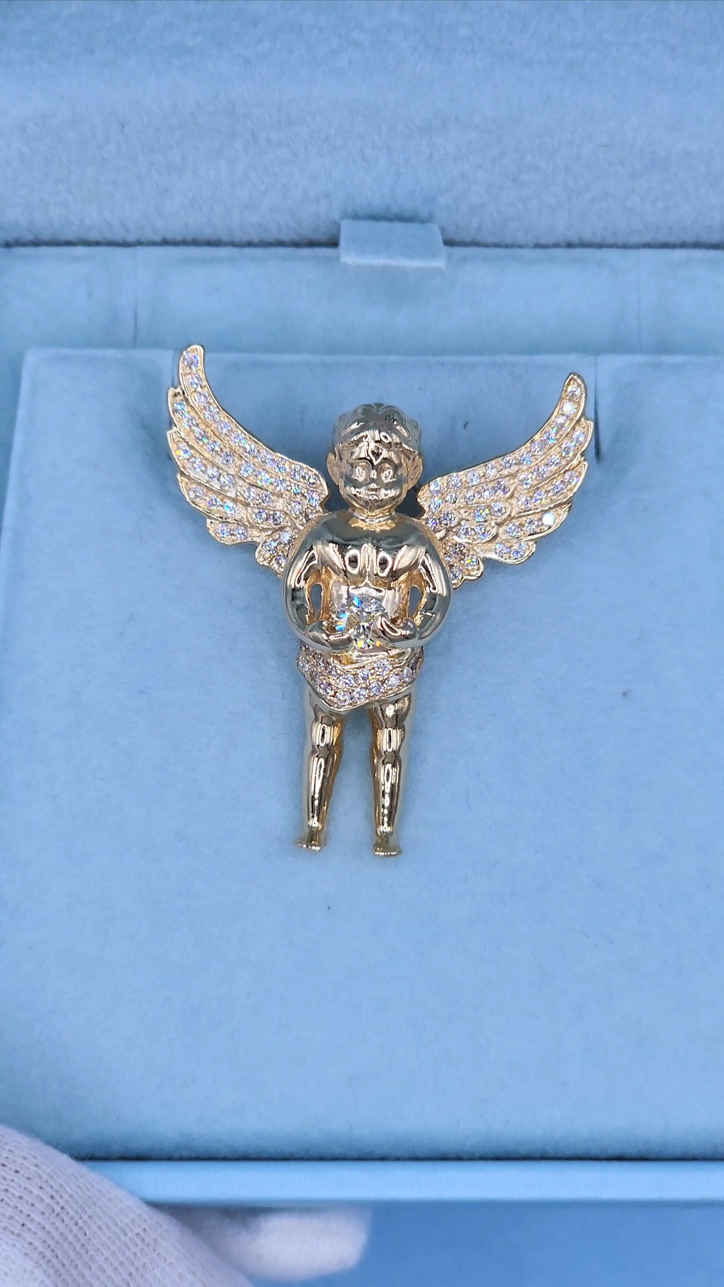 1 3/8" Guardian Baby Angel Diamond Pendant in Solid 10k Yellow Gold