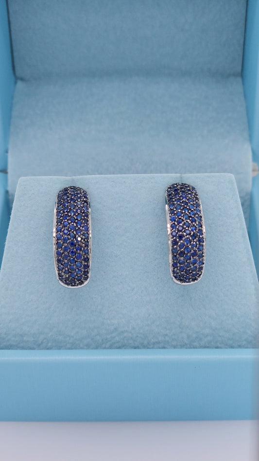 0.60 ct Natural Sapphire Cluster Half Hoop Tusk Earrings in 14k White Gold, Pave Set with Secure Push Backs, 5.5g