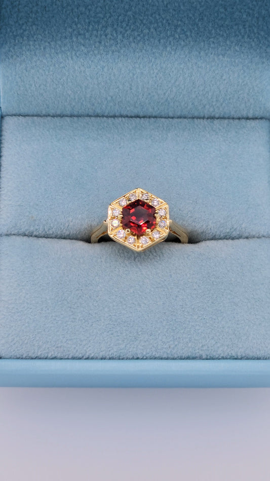 0.80 ct Octagon Cut Garnet Engagement Ring with Diamond Halo in 18k Yellow Gold