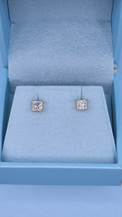 Natural Princess Diamond Stud Earrings 1 ct tw in 14k Yellow Gold Screw Back Setting