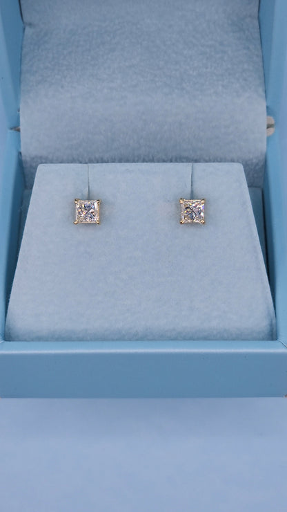 Natural Princess Diamond Stud Earrings 1 ct tw in 14k Yellow Gold Screw Back Setting