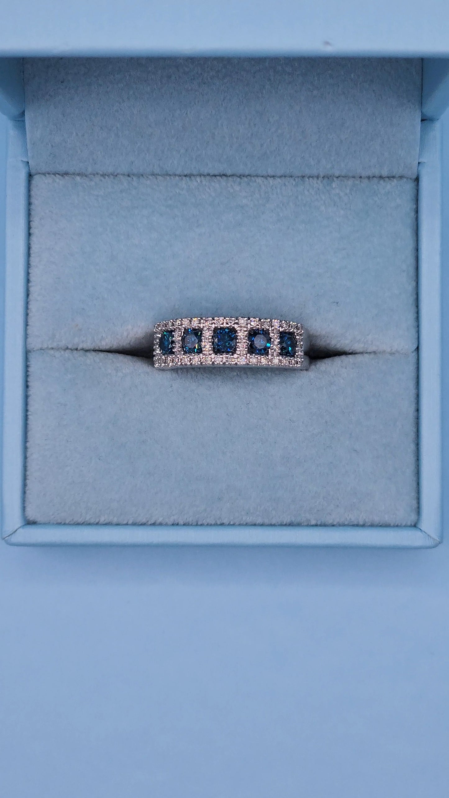 1.25 ct Blue and White Diamond Band Ring in 14k White Gold, Size 7