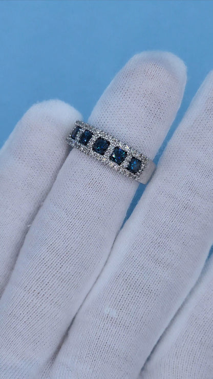 1.25 ct Blue and White Diamond Band Ring in 14k White Gold, Size 7