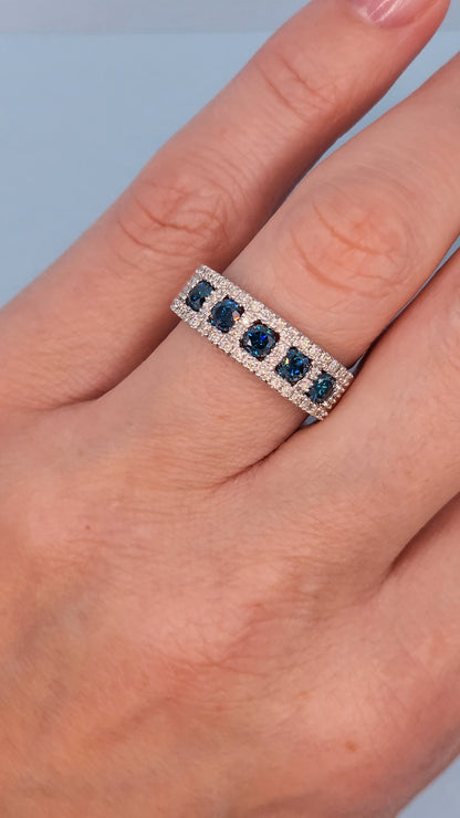 1.25 ct Blue and White Diamond Band Ring in 14k White Gold, Size 7