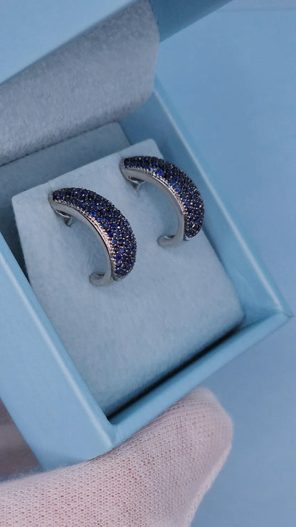 0.60 ct Natural Sapphire Cluster Half Hoop Tusk Earrings in 14k White Gold, Pave Set with Secure Push Backs, 5.5g