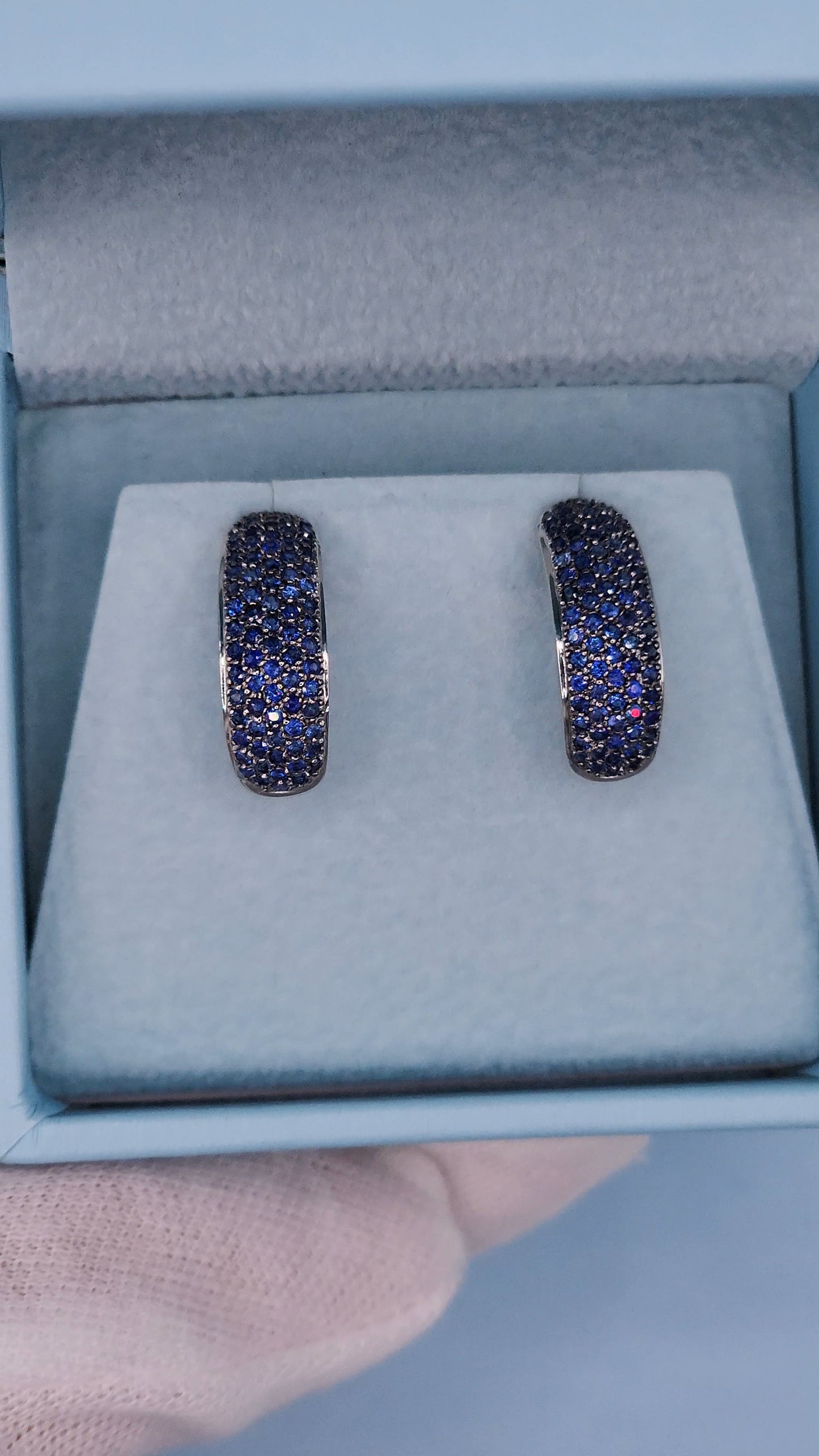 0.60 ct Natural Sapphire Cluster Half Hoop Tusk Earrings in 14k White Gold, Pave Set with Secure Push Backs, 5.5g