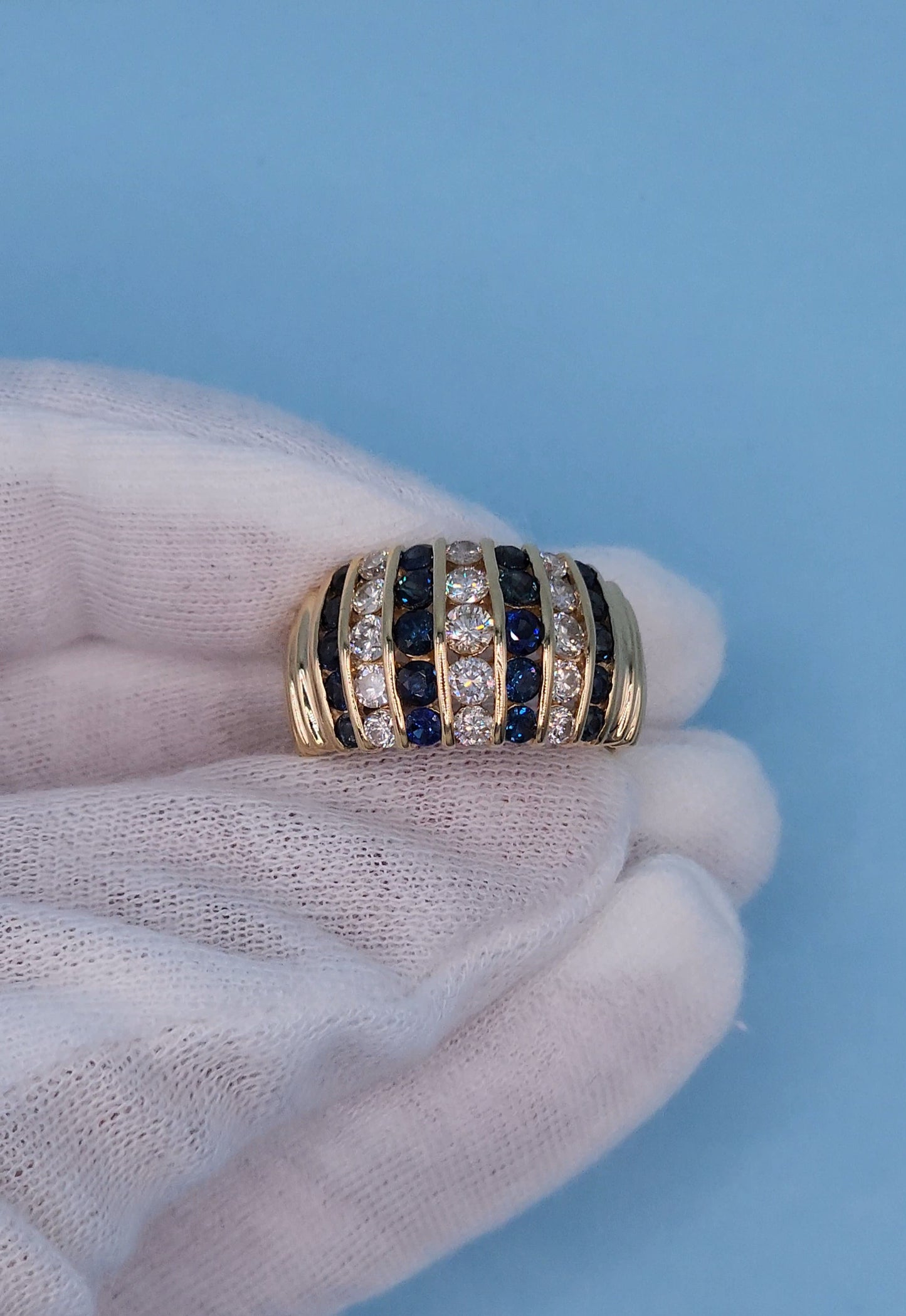 14k Yellow Gold Dome Design Ring with 2 Carat TW Channel Set Sapphires and Diamonds, Size 8.75