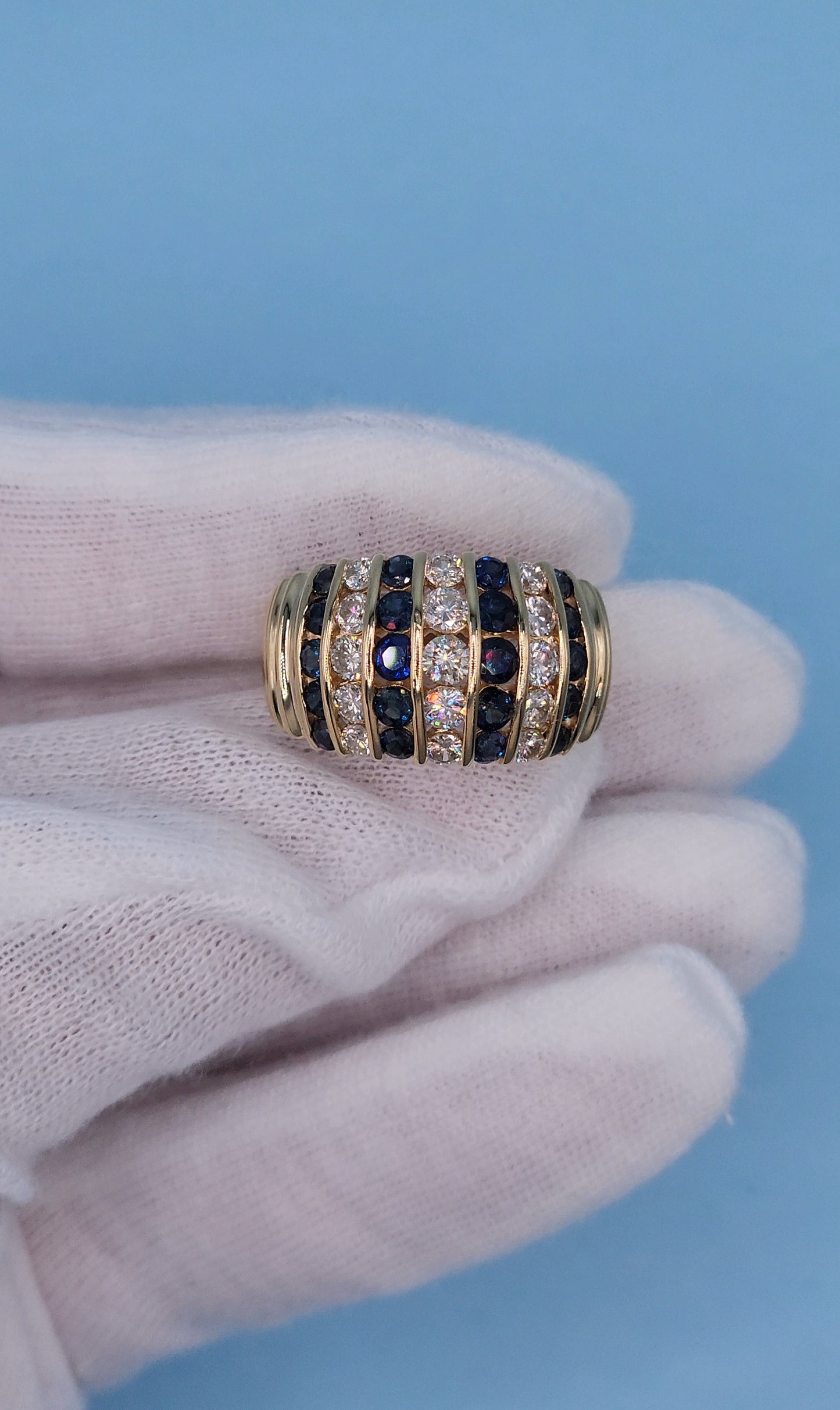 14k Yellow Gold Dome Design Ring with 2 Carat TW Channel Set Sapphires and Diamonds, Size 8.75