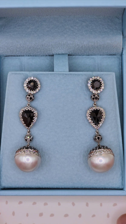 18k White Gold Dangling Pearl Earrings with Black and White Diamonds, Elegant Drop Design