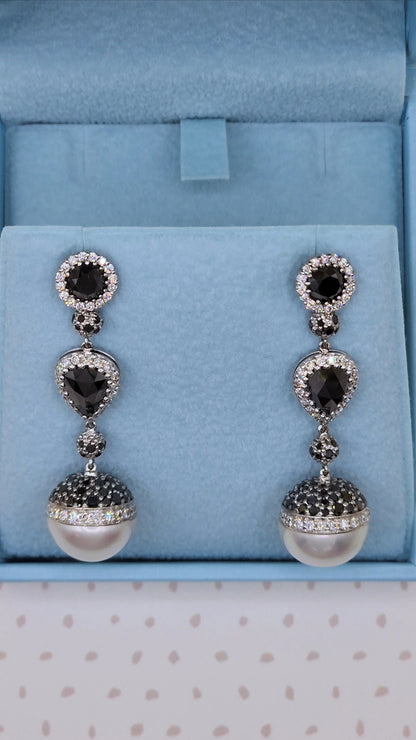 18k White Gold Dangling Pearl Earrings with Black and White Diamonds, Elegant Drop Design