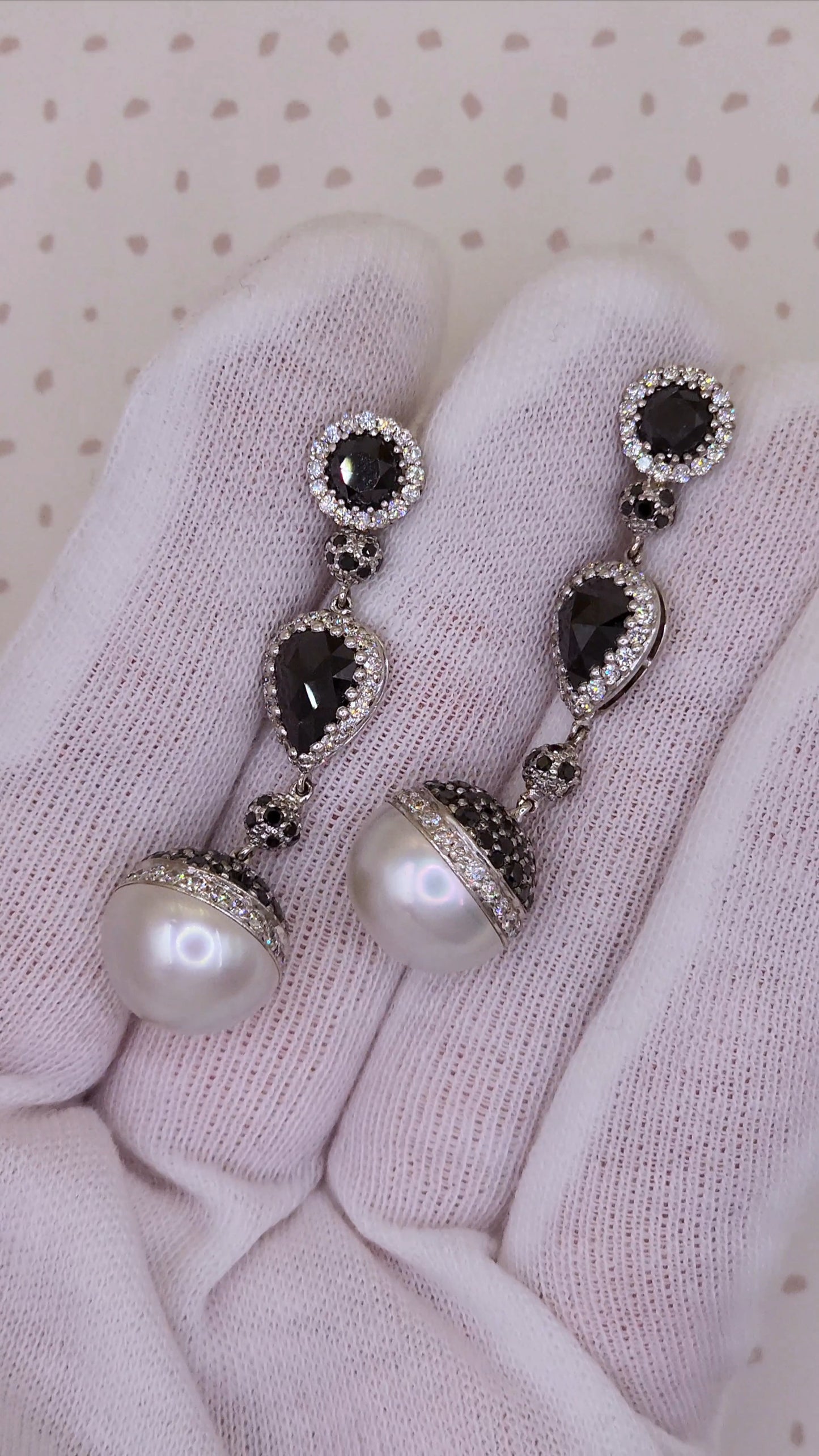 18k White Gold Dangling Pearl Earrings with Black and White Diamonds, Elegant Drop Design