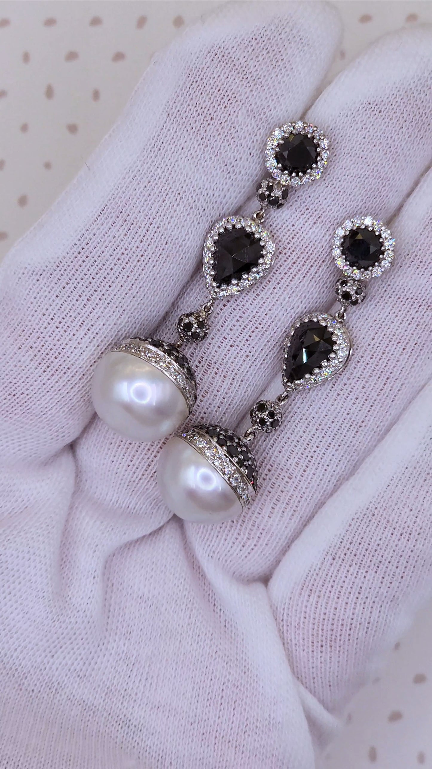 18k White Gold Dangling Pearl Earrings with Black and White Diamonds, Elegant Drop Design