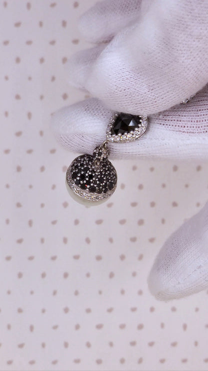 18k White Gold Dangling Pearl Earrings with Black and White Diamonds, Elegant Drop Design