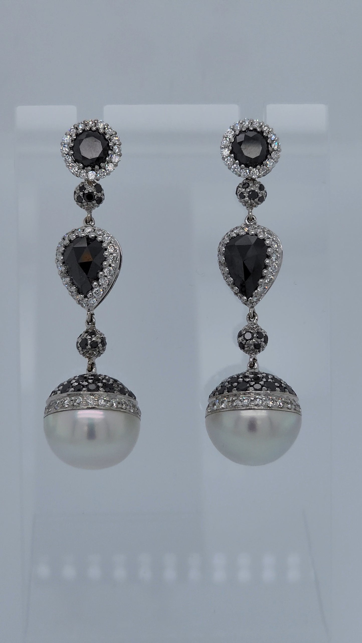 18k White Gold Dangling Pearl Earrings with Black and White Diamonds, Elegant Drop Design