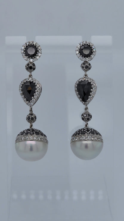 18k White Gold Dangling Pearl Earrings with Black and White Diamonds, Elegant Drop Design