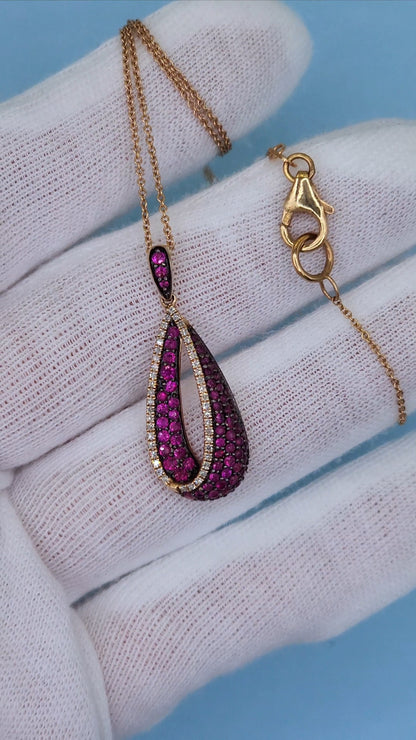 Effy Pave Classica Ruby and Diamond Teardrop Pendant in 14k Rose Gold on 18-Inch Chain