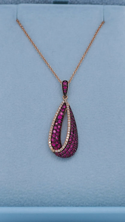 Effy Pave Classica Ruby and Diamond Teardrop Pendant in 14k Rose Gold on 18-Inch Chain