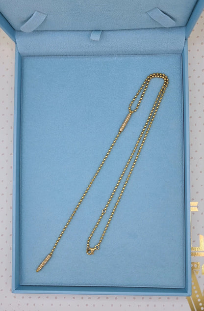 Adjustable 18k Gold Lariat Drop Necklace with Diamond Barrels, Beaded Ball Design, 6-Inch Drop